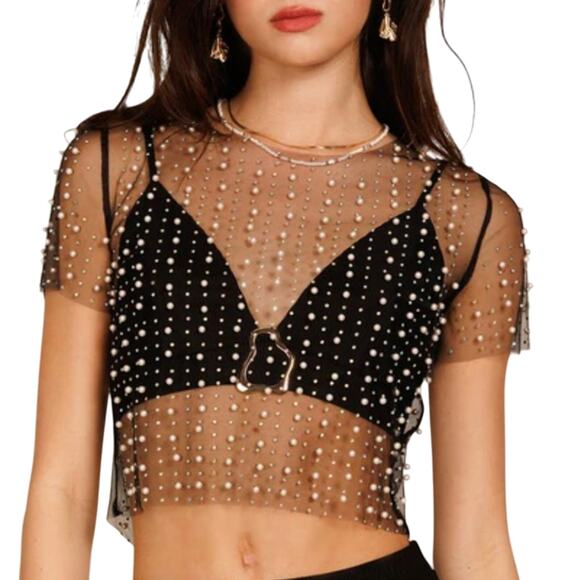 Endless Blu Tops - Endless Blu Buckle Embellished Mesh Top Women's M Pearl Rhinestone Beaded Sheer